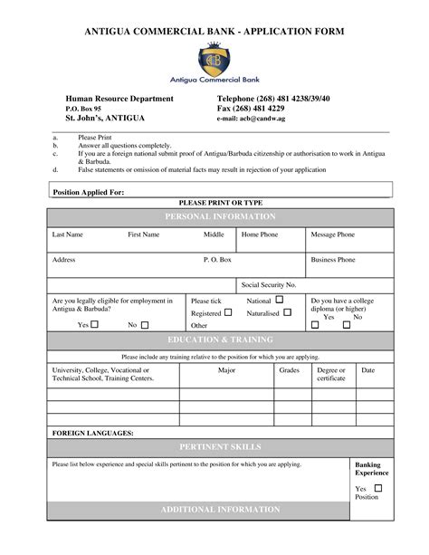 Commercial Bank Job Application Form Templates At