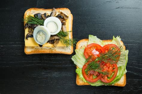 Open Square Sandwiches with Different Fillings Stock Photo - Image of dark, meal: 136975178