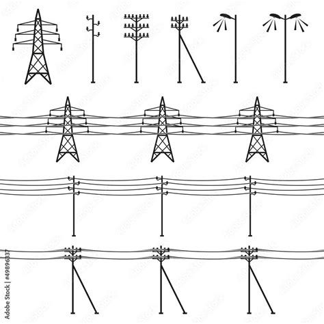 High voltage power lines. Electricity pylon silhouette. Vector Stock ...