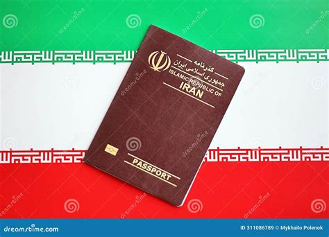 Red Islamic Republic Of Iran Passport On National Flag Background Close Up Stock Image Image