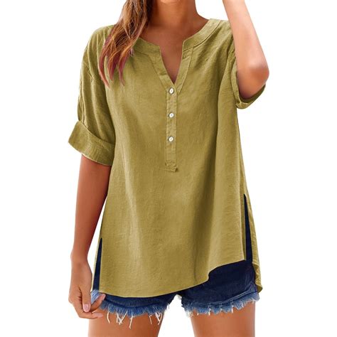 Linen Tops For Women Uk Short Sleeve V Neck Button Down Cotton Linen