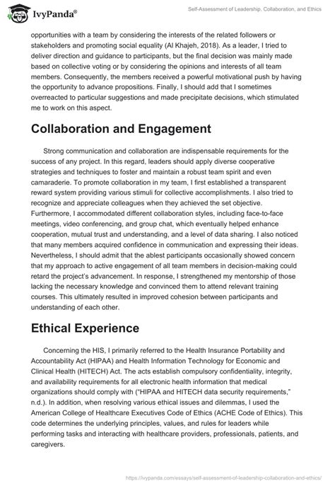 Self Assessment Of Leadership And Ethics 951 Words Assessment Example