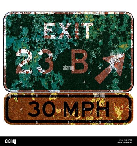 Old Rusty American Road Sign Exit Number Sign With Speed Advisory