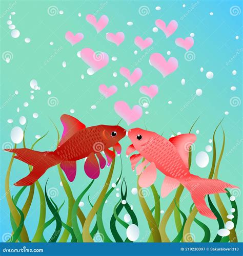 Kissing Fish Cute Cartoon Fishes In Love Romantic Illustration Stock