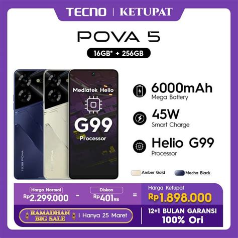 Promo Tecno Pova 5 8 8gb 256gb Helio G99 45w Flash Charging 6000mah