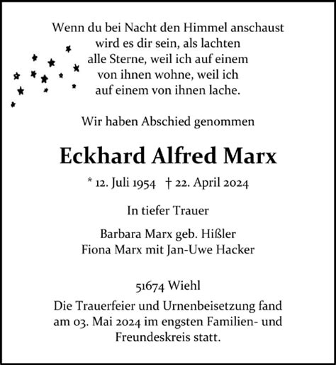 Traueranzeigen Von Eckhard Alfred Marx Wirtrauern