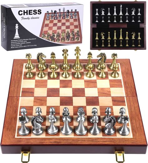 Buy Metal Chess Board Game for Adults and Kids - Wooden Folding Travel Chess Board with Metal ...