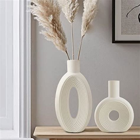 Ceramic Vase Set Of 2 For Home Decorwhite Round Pampas