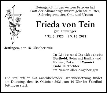 Traueranzeigen Von Frieda Von Tein Allg Uer Zeitung