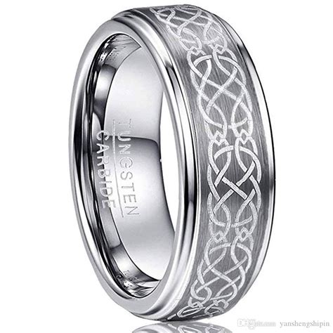 Mens 8mm Laser Celtic Knot Brushed Tungsten Carbide Wedding Silver Tungsten Ring With Polished