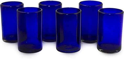 Novica Artisan Crafted Cobalt Blue Hand Blown Recycled Glass Cocktail Glasses 14 Oz Solid Blue