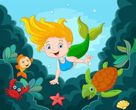 Premium Vector | Little Mermaid Swimming Underwater with sea animals