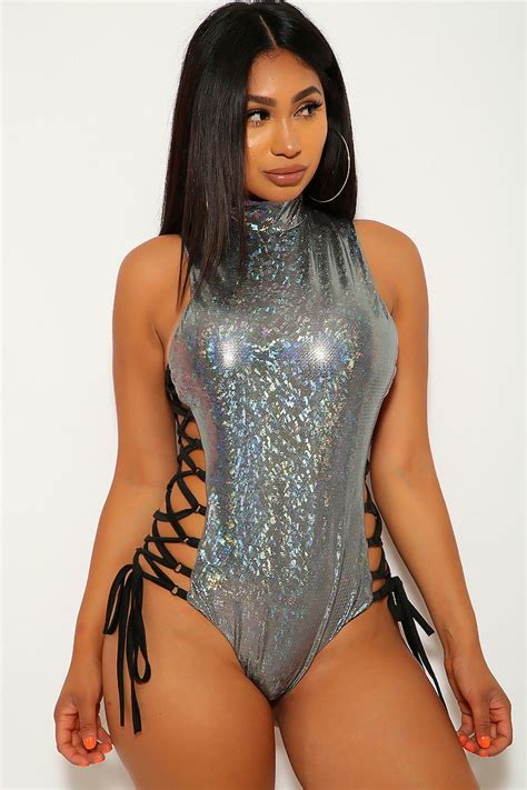 Silver Iridescent Metallic High Neck One Piece Swimsuit Metallic Swimsuit High Neck One Piece