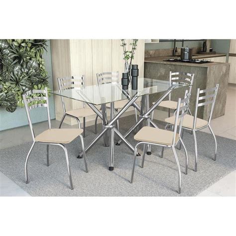 Conjunto Mesa De Cozinha Volga C Tampo Vidro 150cm 6 Cadeiras Portugal Cromado Courano Nude