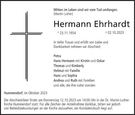 Hermann Ehrhardt Traueranzeige Trauer InFranken De