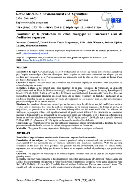 Faisabilité de la production du coton biologique au Cameroun essai de