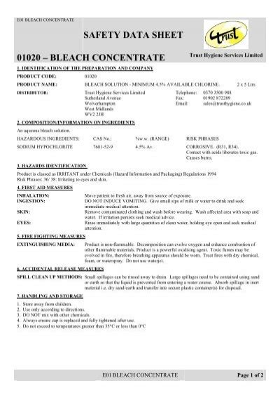 Safety Data Sheet 01020 Bleach Concentrate Trust Hygiene Services