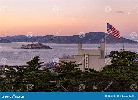 American Flag And Alcatraz Island At Sunset Stock Image Image Of