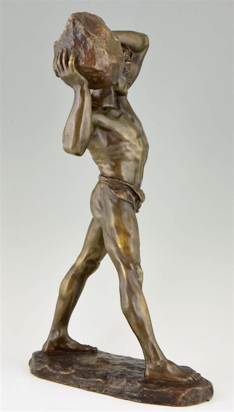 Antique Bronze Sculpture Strong Man Male Nude With Stone Deconamic