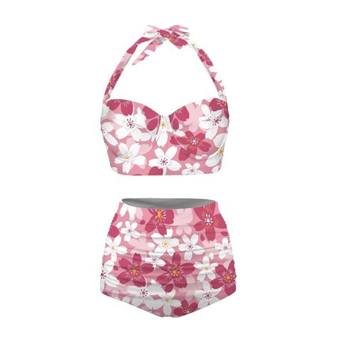 HUIACONG Women S Two Piece Floral Cherry Blossom Bikini Set High Waisted Tummy Control Halter