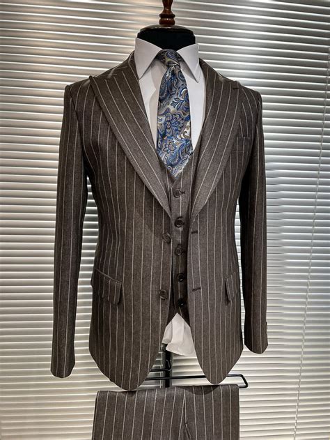 Bojoni Brown Striped Slim Fit Suit Piece