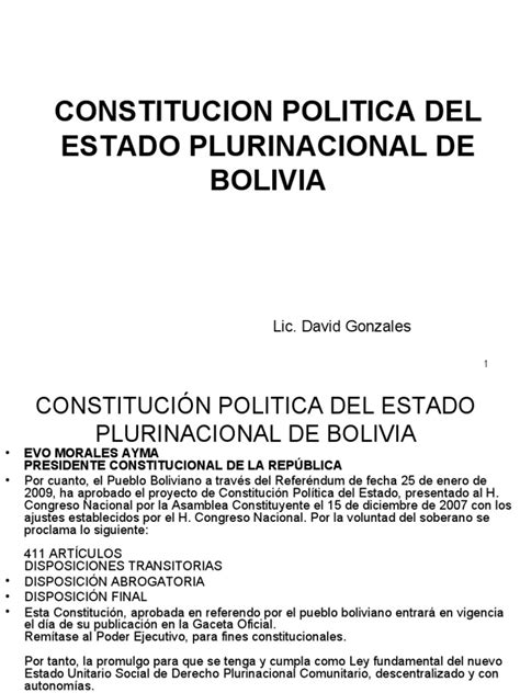 Constitucion Politica Del Estado Plurinacional De Bolivia Lic David Gonzales Pdf Bolivia