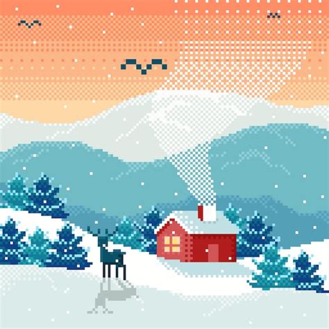 Paysage De Montagne D Hiver Pixel Art Vecteur Premium