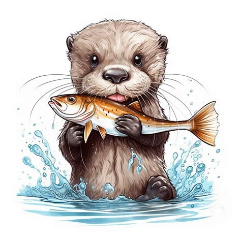 Cute Realistic Baby Otter Eating A Fish Clipart Cartoon Hyper