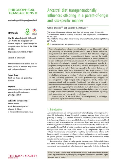 Pdf Ancestral Diet Transgenerationally Influences Offspring In A