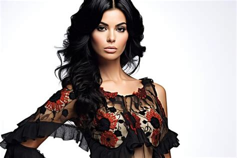 Premium AI Image Beautiful Brunette Woman In Black Lace Dress Studio Shot