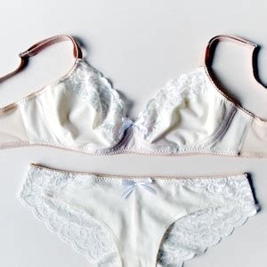 Organic Cotton Lace Bridal Lingerie Set Ecru Soft Bra And Brazilian Cut All Lace Back Panties
