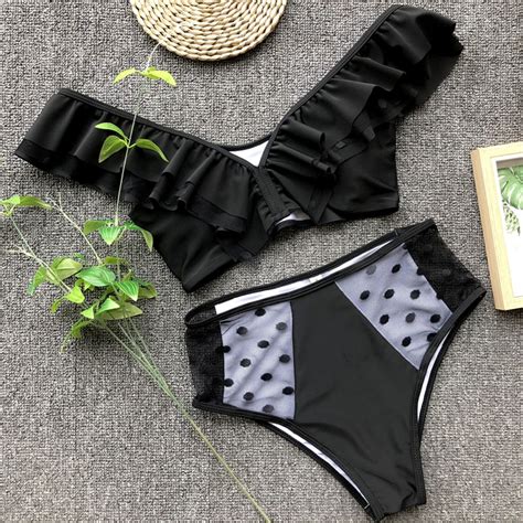 FREE SHIPPING Ruffled High Waist Bikini Female Polka Dot Swimsuit Women Bandeau Swimwear 2019