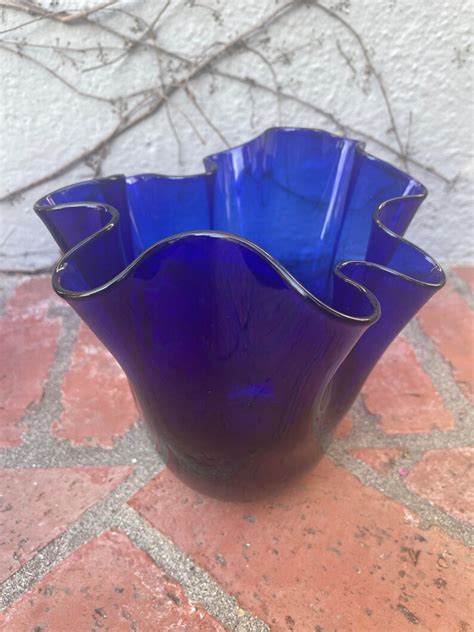 Pair Of Vintage Cobalt Blue Glass Handkerchief Vases Vintage Rim Vase