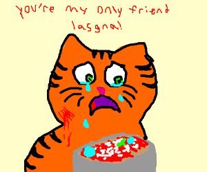 Emo Garfield crying into his lasagna - Drawception