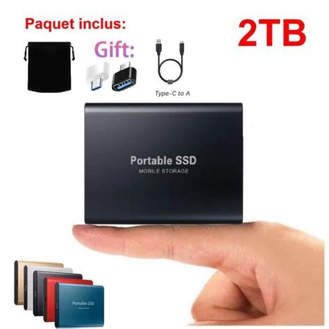 Ssd 2t Disque Dur Externe Portable Hdd Noir Avec Otg Adaptateur Type C Usb Pochette De