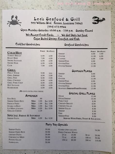 Menu at Lee's Seafood restaurant, Kenner