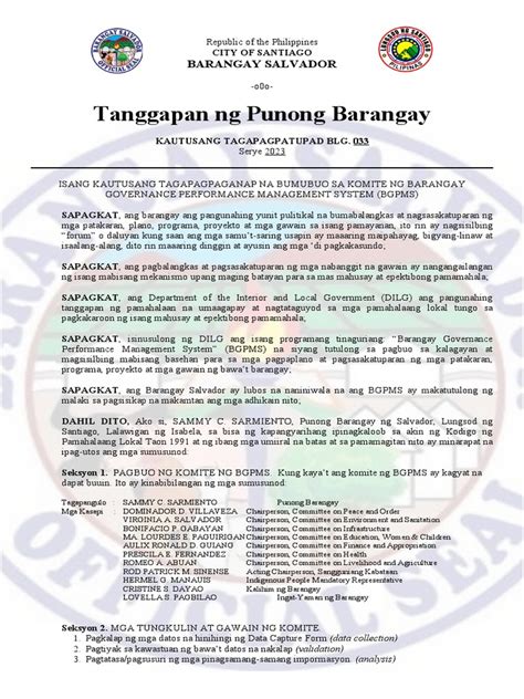 Executive Order No 033 S 2023 Bumubuo Sa Komite Ng Barangay