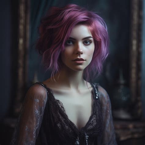 Premium AI Image A Woman With Purple Hair And A Black Dress With A