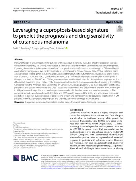 PDF Leveraging A Cuproptosis Based Signature To Predict The Prognosis