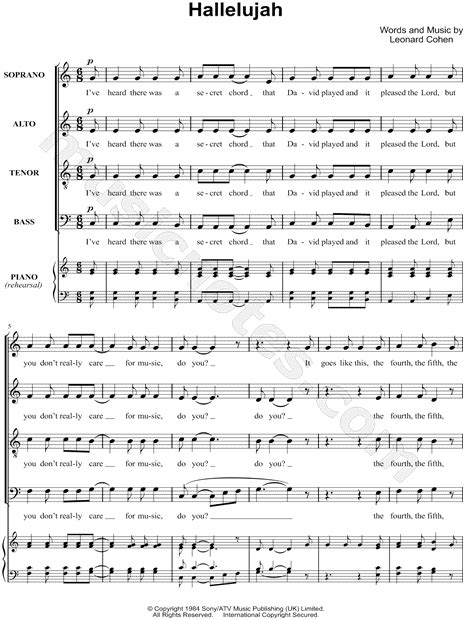 Leonard Cohen Hallelujah Satb Choir A Cappella Choral Sheet Music In C Major Transposable