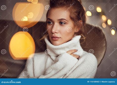 Cuddling Cozy Blonde In Sweater Stock Image Image Of Joyful Romantic