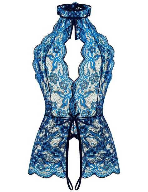 Ababoon Women One Piece Lingerie Lace Sexy Baby Dolls Teddy Sleepwear Black Blue Small For