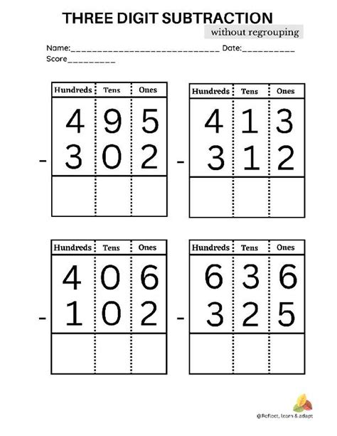 Three Digit Subtraction Without Regrouping Adaptive Resources Classful