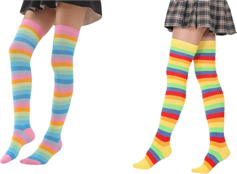 Medias Altas De Muslo A Rayas Con Arco Iris Para Mujeres Y Niñas