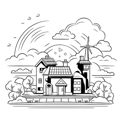 Casa Con Molino De Viento Ilustraci N Vectorial En Blanco Y Negro Para