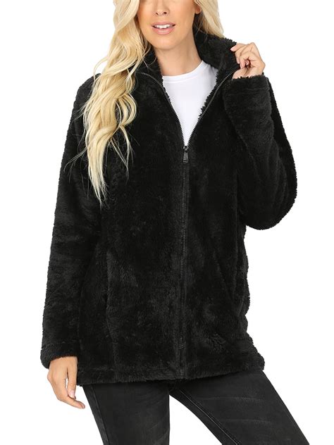 Kogmo Womens Soft Faux Fur Zip Up Jacket With Pockets Relaxed Fit