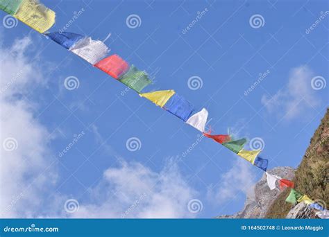 Tibetan Prayer Flags With The Blue Sky Of The Langtang National Park