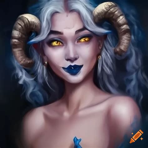 A Female Tiefling With Blue Dark Ram Horns Curly White Hair And Golden