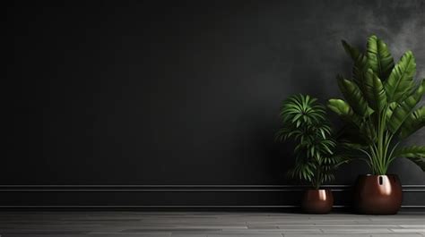 Una habitación vacía de pared oscura con plantas en un piso renderizado