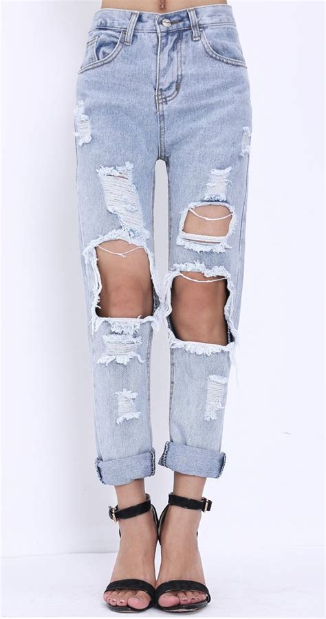 Light Blue Ripped Denim Pant SheIn Sheinside Ripped Jeans Style